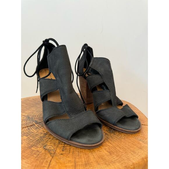 Lucky Brand Sandals Lanita heeled sandals black stacked heel leather 10M outsole - Picture 4 of 11